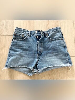Re/Done Womens Size 28 High Rise Denim Cut Off Shorts Lago Blue Button Fly